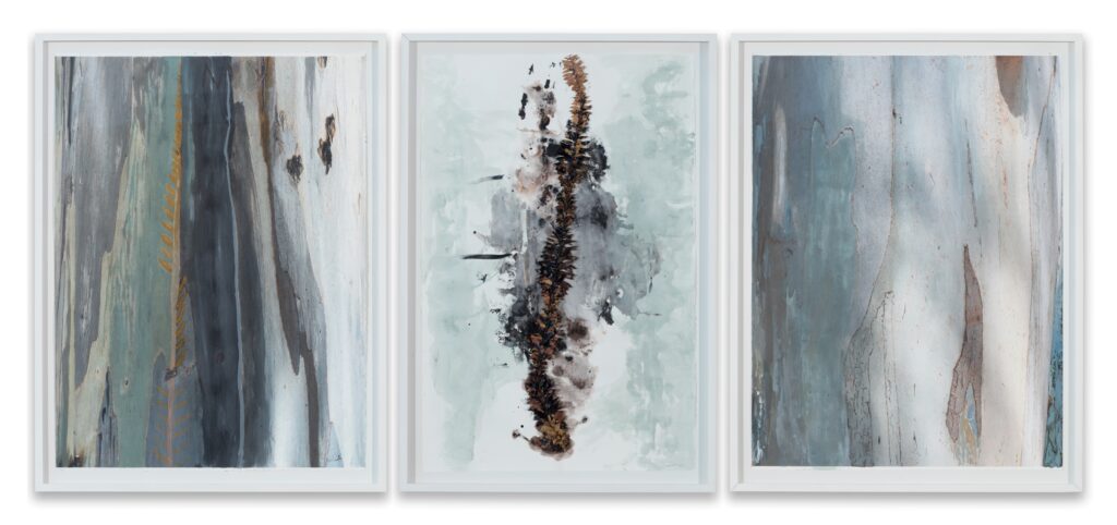 María Magdalena Campos-Pons, Mother Tree. Rooted by the Spine, 2019/20, mixed media on archive watercolor paper triptych: 66 x 101,5 cm each - csy the artist and Galleria Giampaolo Abbondio photo-credits: Antonio Maniscalco