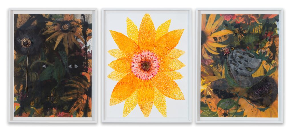 María Magdalena Campos-Pons, Farrar’s garden to 2,24,8 cm, 2019/20, mixed media on archive watercolor paper triptych: 75 x 100 cm each - csy the artist and Galleria Giampaolo Abbondio photo-credits: Antonio Maniscalco