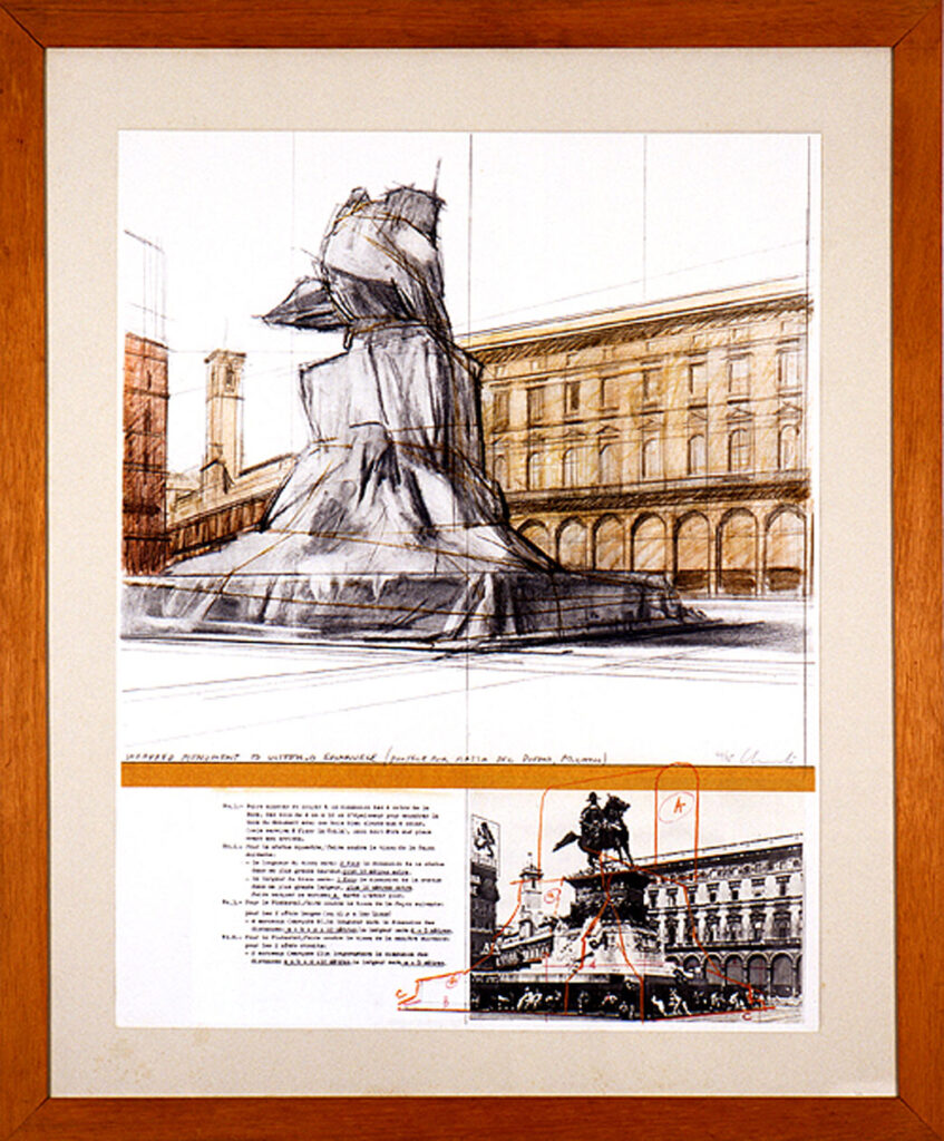 Christo, Wrapped Monument to Vittorio Emanuele (Project for Milano Piazza del Duomo), 1969-1970, tecnica mista su cartone, 71x55,5 cm, Collezione Alt, Bergamo