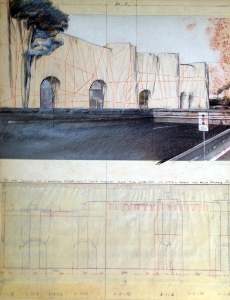 Christo, The Wall (Project for a Wrapped Roman Wall) Porta Pinciana, 1974, tecnica mista su cartone, 71x56 cm, Collezione Gori-Fattoria di Celle, Pistoia