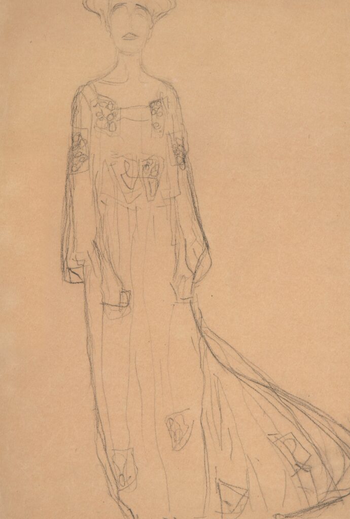 Gustave Klimt (1862 - Vienna - 1918), STANDING FROM THE FRONT WITH HANGING ARMS, STUDY FOR THE PORTRAIT OF ADELE BLOCH-BAUER,1903, Black chalk on paper, 452 x 316 mm (17.8 x 12.4 inch), Courtesy W&K - Wienerroither and Kohlbacher