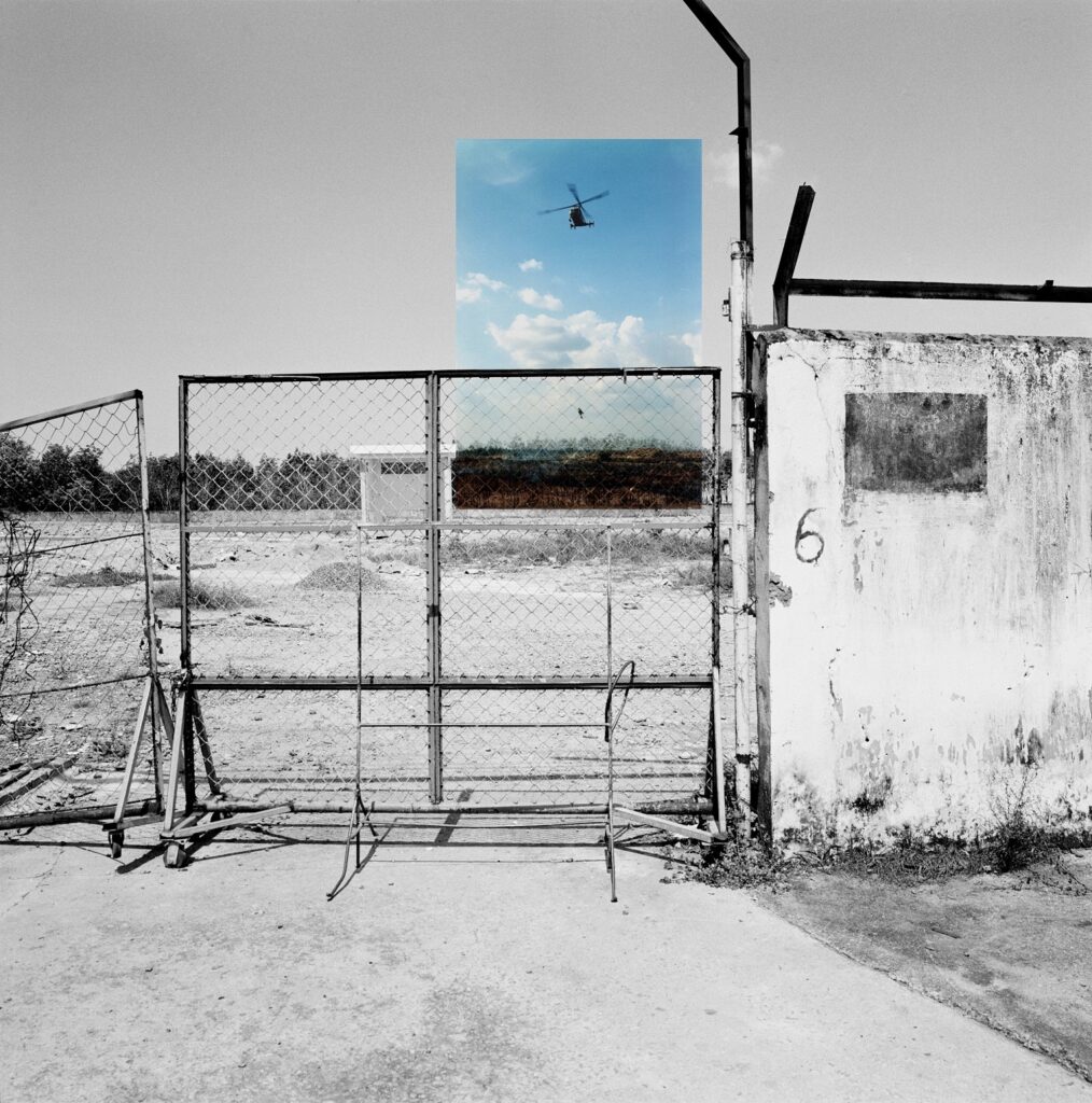 Nicola Bertasi, The entrance gate of the former Bien Hoa Airbase today. Overlayer: a rescue and recovery operation near Bien Hoa during the war, 2018, collage digitale / fotografia in bianco e nero, 120x120 cm, Edizione 1/3 + 3 PdA, Courtesy: dell’artista